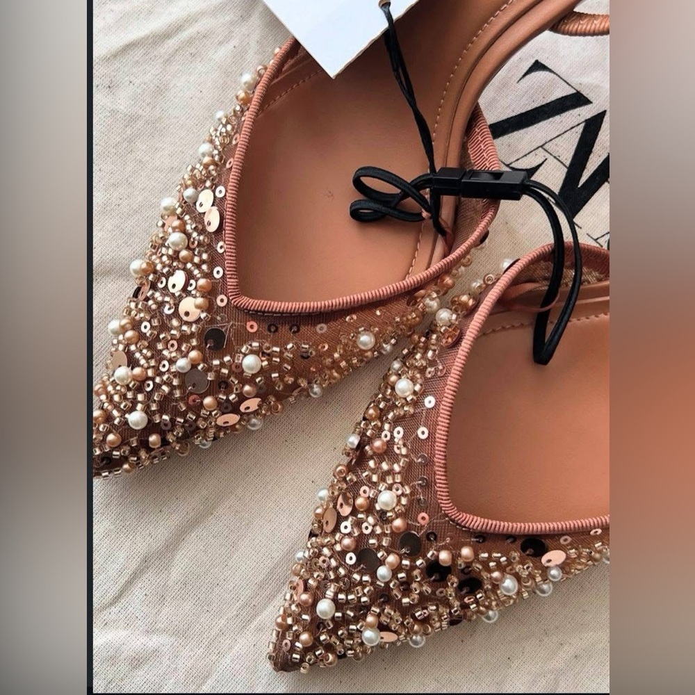 Zara pearl beaded embellished slingback pointed toe kitten heels - Picture 4 of 8